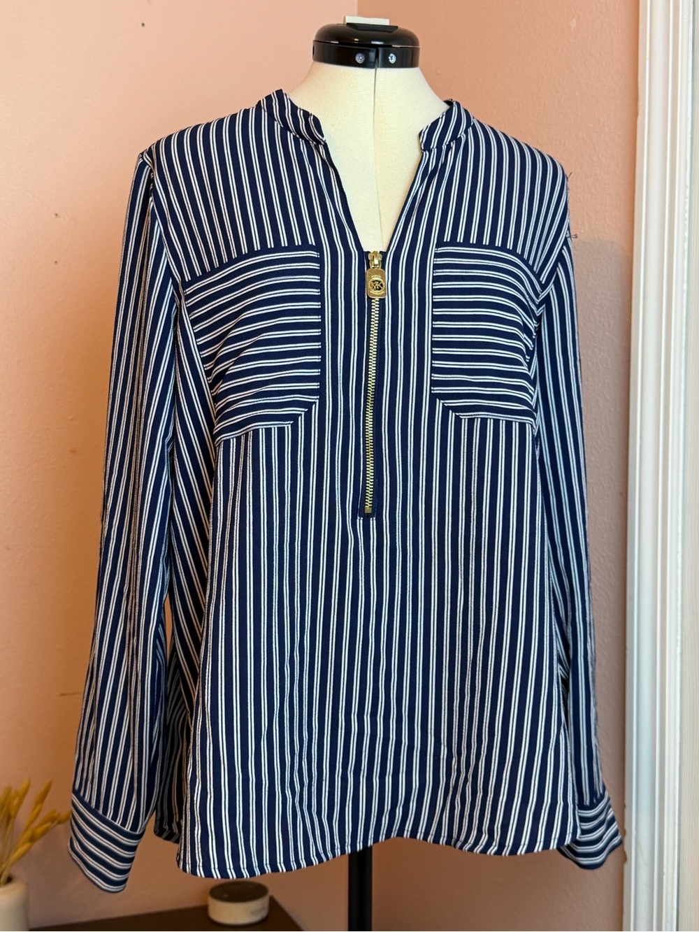 MICHAEL KORS Navy and White Striped Zip-Front Blouse
